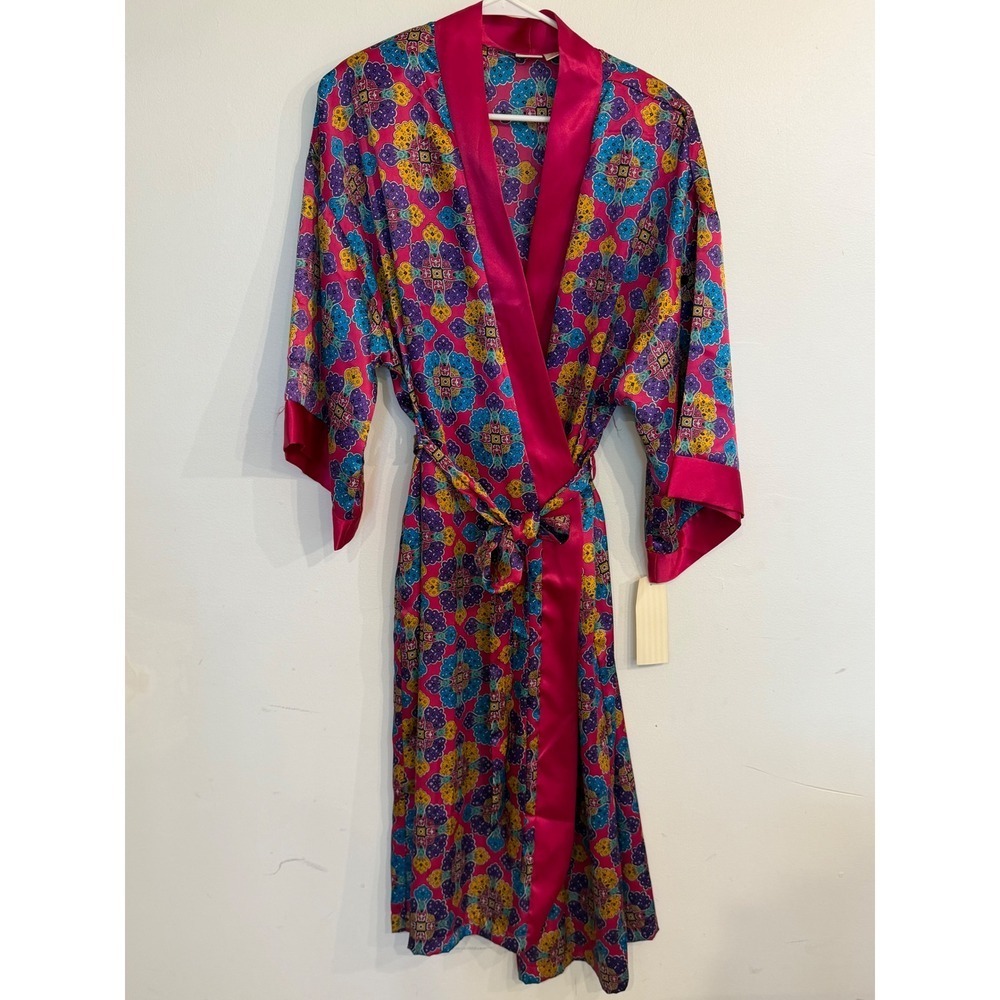 Delicates Pink Medallion Satin Kimono Robe Womens Medium 12-14 Vintage NWT q